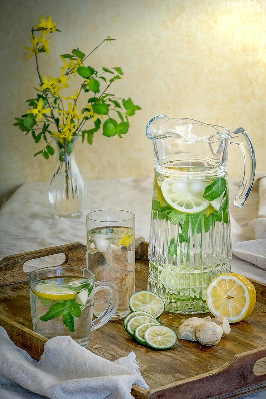 Fresh lemon slices and mint leaves floating in a pitcher of ice water
