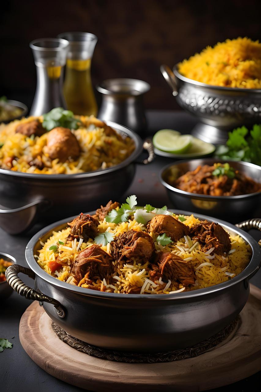 A moderate serving of chicken biryani with salad and yogurt