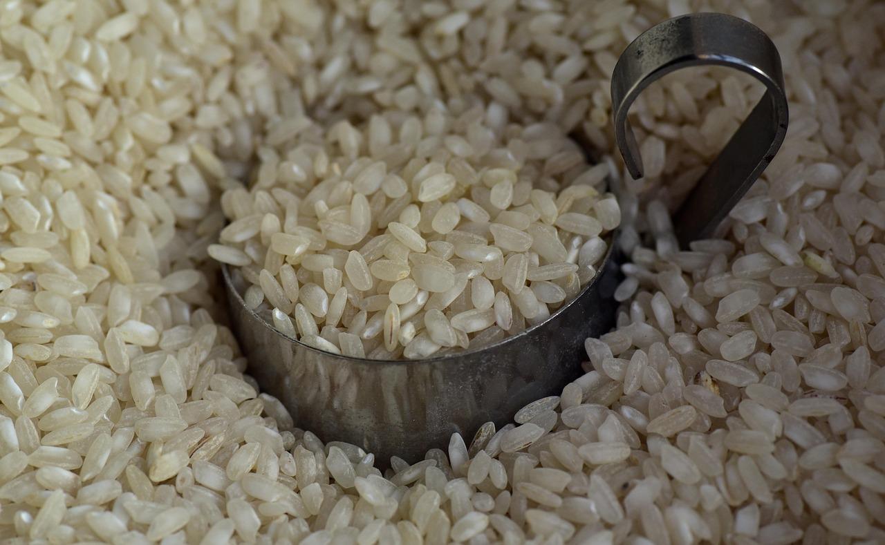 A bowl of white basmati rice next to a bowl of brown basmati rice