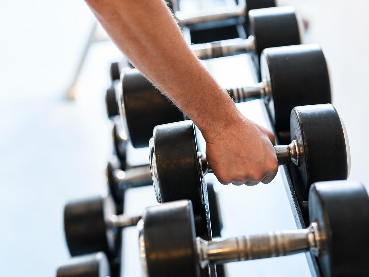 Person holding light dumbbells during a structured resistance training workout