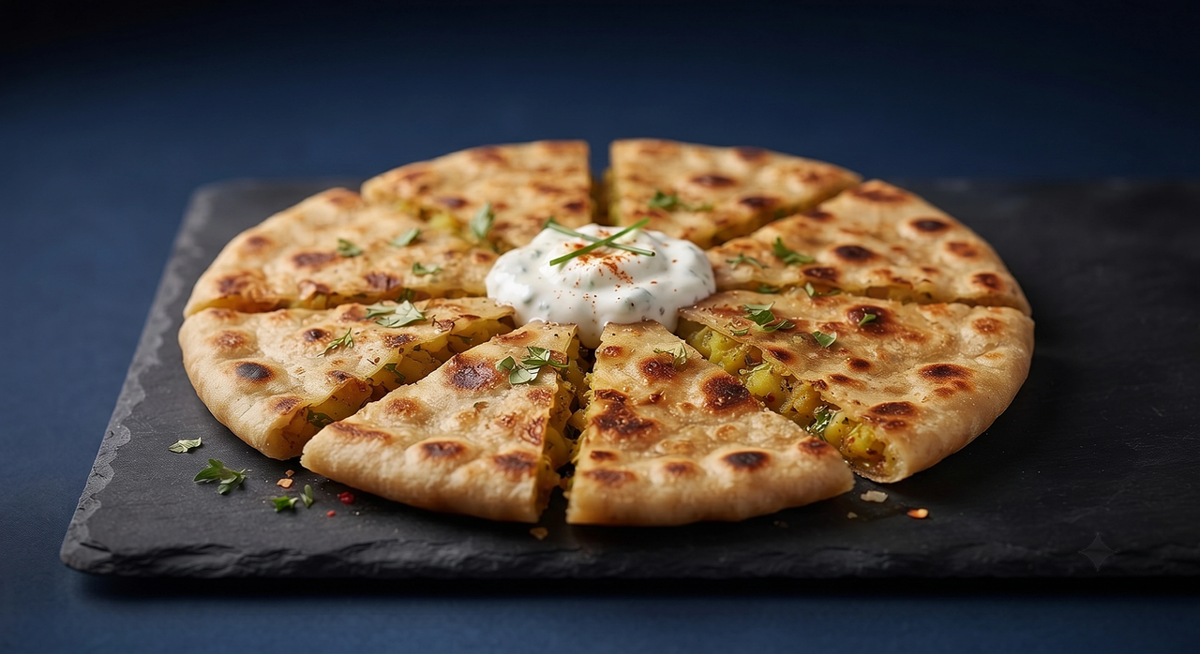 An aloo paratha and a keema paratha side by side on a plate
