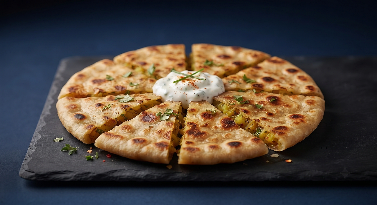 An aloo paratha and a keema paratha side by side on a plate