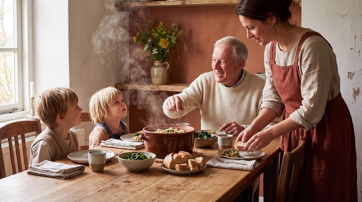 Family seated together sharing a healthy Pakistani meal containing chicken curry, whole wheat roti, and fresh salad